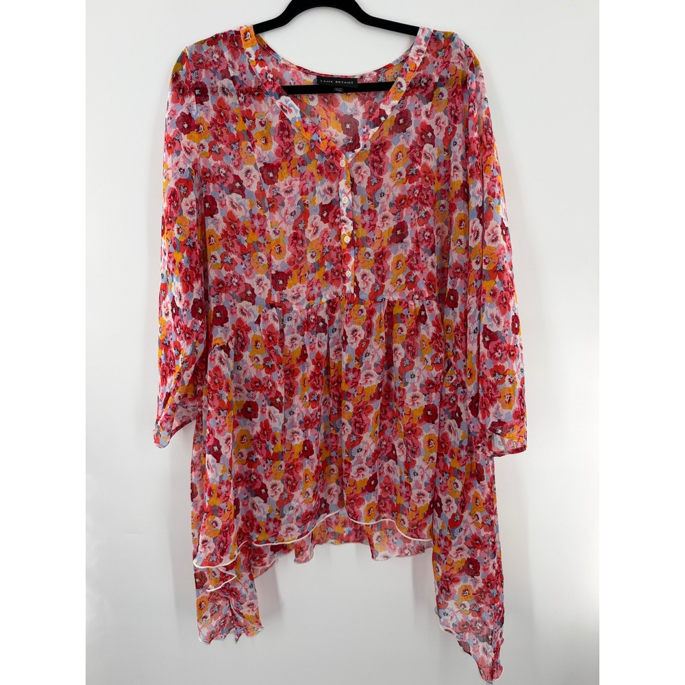 Lane Bryant Floral Chiffon Button Front Sharkbite Hem Tunic Red Pink 18/20